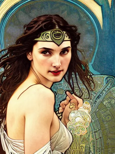 Image similar to a beautiful painting of gal gadot by Alphonse Mucha and by yoshitaka Amano and by Mark Brooks and by gustav klimt and by john william waterhouse, Art Nouveau, Neo-Gothic, gothic, award winning painting, hyperdetailed, detailed, full body