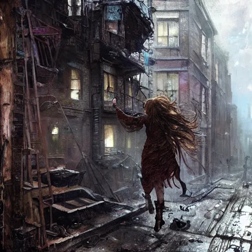 Prompt: sadie sink runs desperately | a mechanical monstrosity chases sadie sink | alleyway near decaying tenements. concept art for scifi dystopian film. by nikolay makovsky, bob byerley, wadim kashin, andrea kowch. cinematic moody atmosphere, detailed and intricate, perfect anatomy
