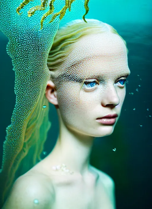 Image similar to kodak portra 4 0 0 photo portrait of a beautiful sirens floating in a crystal tank in style of tim walker, amphibian skin dress intricate detailed scales, 5 0 mm lens, f 2. 4, elegant, highly detailed, sharp focus, ethereal, out worldly colours, emotionally evoking, head in focus, soft blur light dreamy underwater, volumetric lighting, epic fantasy