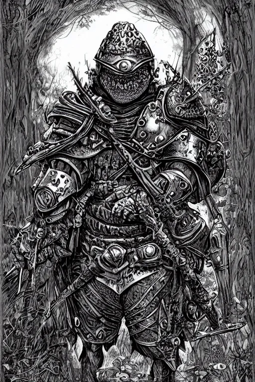 Image similar to toad gobling, wearing armour, swamp, symmetrical, highly detailed, digital art, sharp focus, trending on art station, kentaro miura manga art style