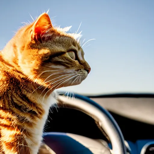 Image similar to cat sitting in driver seat of a cabriolet, paws resting on top of steering wheel, golden hour, top view