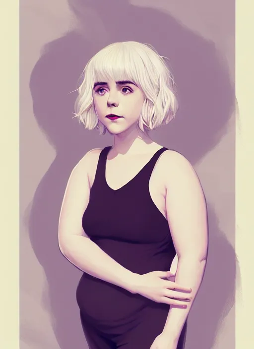 Image similar to full body portrait, kiernan shipka as sabrina spellman, white hair, obese, bangs, sultry, realistic, sultry smirk, fluffy bangs, curly bangs, fat, belly, intricate, elegant, highly detailed, digital painting, artstation, concept art, smooth, sharp focus, illustration, art by wlop, mars ravelo and greg rutkowski