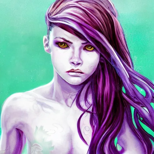 Prompt: artstation young teen with purple eyes and tentacles on her head in fury, very detailed, in glass town, portrait, high contrast, vibrant, realism