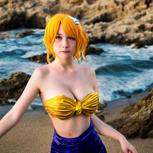 Prompt: headshot of a cute girl cosplaying as Nami from One Piece standing on a beach, cosplay, photo by Mert and Marcus