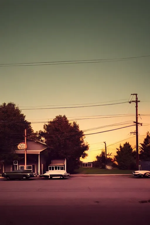 Image similar to a detailed photographic render of a 1 9 5 0 s american suburb at sunset by todd hido, photoreal, 4 k