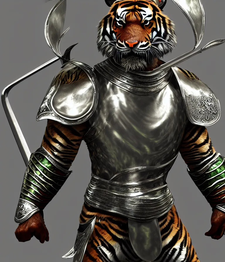 Prompt: 8 k ultrarealistic character concept of a tiger knight in silver armor and jade leather