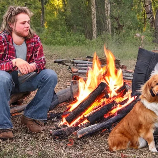 Image similar to picture of a hillbilly with long blonde hair with his australian shepherd around a bonfire