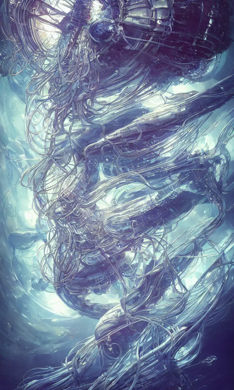 Image similar to hyper detailed painting of a cyberpunk jellyfish, blue tones, underwater, highly detailed, digital painting, artstation, concept art, smooth, sharp focus, illustration, art by artgerm and greg rutkowski and alphonse mucha