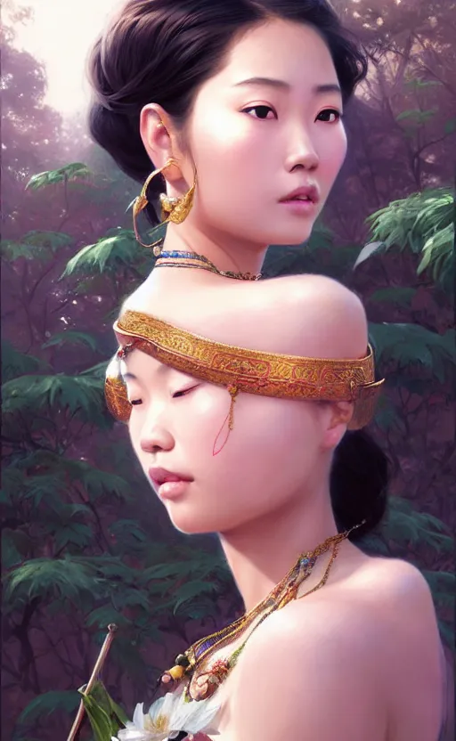 Image similar to a beautiful young charming asian goddess with sundress and jewelry | | winter, realistic shaded, unpleasant face, good looking, fine details, dior, lv, realistic shaded lighting poster by greg rutkowski, macoto takahashi, magali villeneuve, artgerm, jeremy lipkin and michael garmash