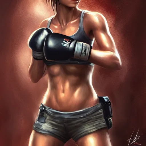 Image similar to Portrait of Tomb Raider wearing boxing gloves, intricate upper body , whole body, highly detailed, digital painting, artstation, concept art, smooth, sharp focus, illustration, art by Hajime Sorayama