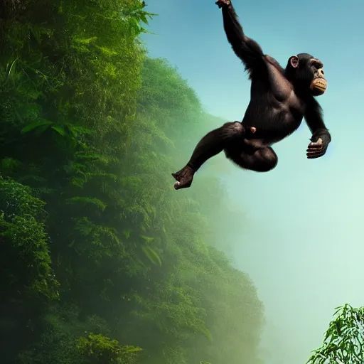 Image similar to Angry Chimpanzee Jumping, Epic Jump, Cinematic Photo, Cinematic Shot, Jungle, Foliage Boris Vallejo, Epic, 8k resolution, ArtStation, Hyperrealistic