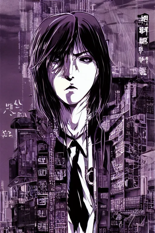 Prompt: professionally drawn seinen mature cyberpunk detective horror action manga comic cover, full color, beautifully drawn coherent professional, drawn by ilya kuvshinov!, satoshi kon, kentaro miura, dave mckean, tsutomu nihei. japanese script kanji hiragana on the cover. minimalist stylized cover art. purple indigo blue cel shaded