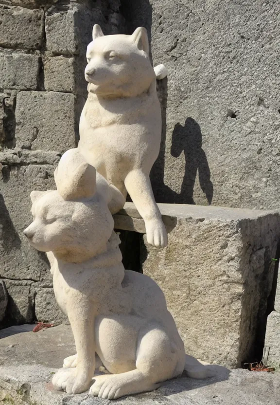 Prompt: ancient greek shrine to a shiba inu god, marble dog statues, ancient ruins