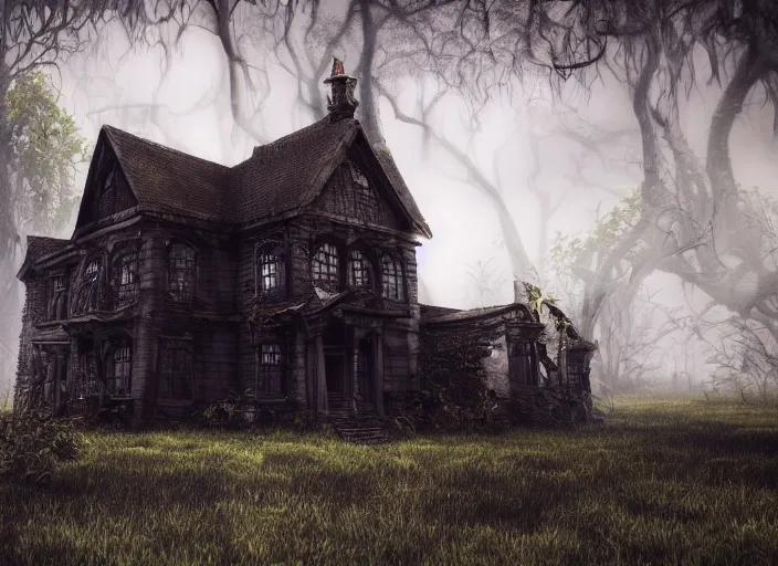 Prompt: a goth, macabre house [ sitting in the middle of a swamp ]!, gothic, fantasy style, 3 d render digital painting rich unreal engine 4 k 4 k trending on behance photorealistic award winning