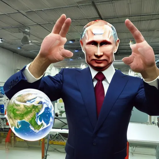 Image similar to photo of robotic putin holding earth in his hands