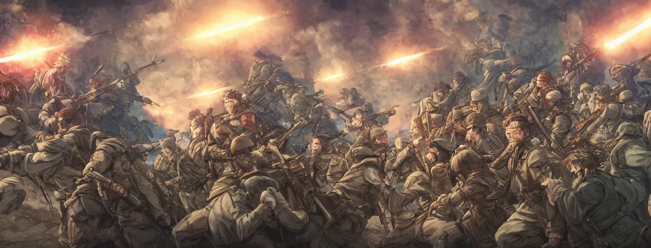 Image similar to calvary soldiers heroic final charge to their deaths. hyperrealistic anime background illustration by kim jung gi, colorful, extremely detailed faces, intricate linework, smooth, super sharp focus, bright colors, high contrast, matte, octopath traveler, studio ghibli, unreal engine 5 highly rendered, global illumination, radiant light