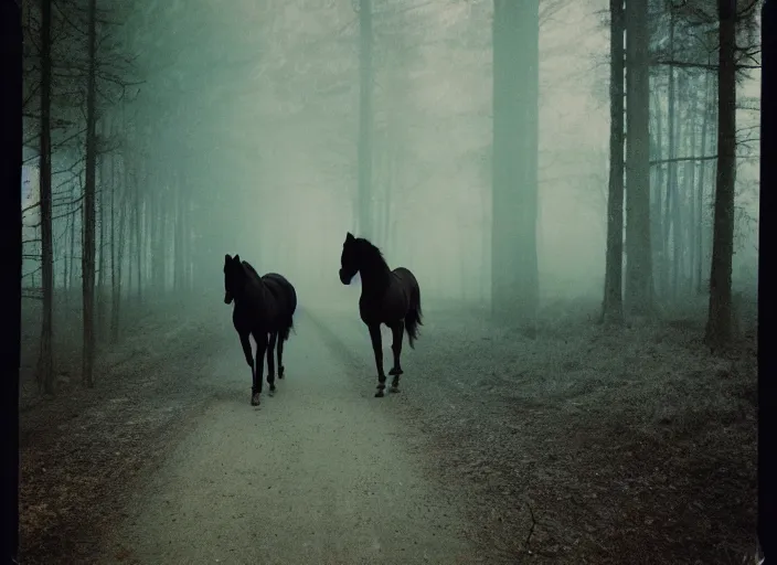 Prompt: medium shot, an evil horse is walking, woods, horror, fog, the horse is breathing smoke, polaroid photo, vintage, neutral colors, by gregory crewdson,