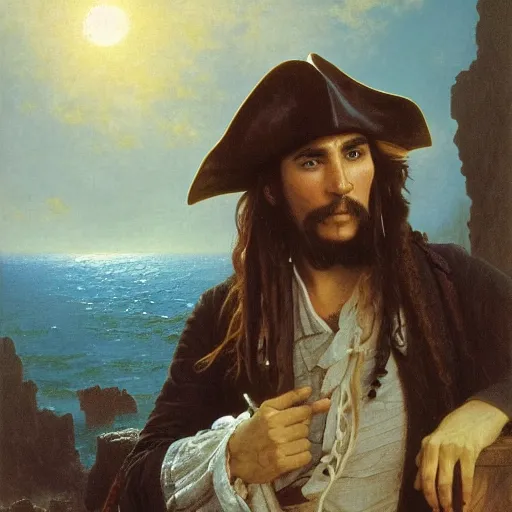 Image similar to Painting of Davy Jones from Pirates of the Caribbean. Art by William Adolphe b Bouguereau. During golden hour. Extremely detailed. Beautiful. 4K. Award winning.