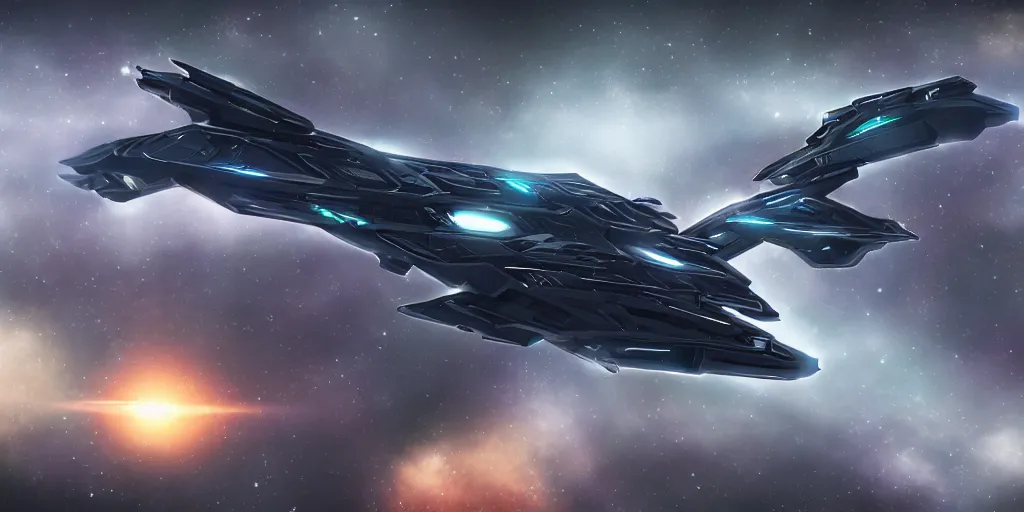 Image similar to Cinematic view of The Unfriendly Viper spaceship in style of Homeworld