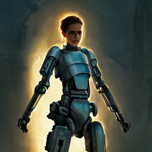 Image similar to Emma Watson as a mech cyber soldier in the Terminator, digital painting, artstation, concept art, sharp focus, illustration, art by greg rutkowski and alphonse mucha, highly detailed