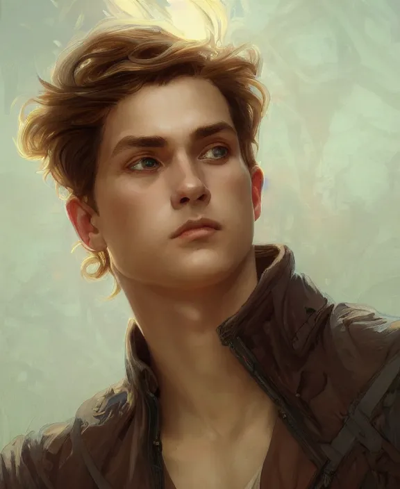 Image similar to portrait close up of young guy, concentrated look at the camera, symmetry, d & d, fantasy, intricate, elegant, highly detailed, digital painting, artstation, concept art, art by artgerm and greg rutkowski and alphonse mucha, boris vallejo