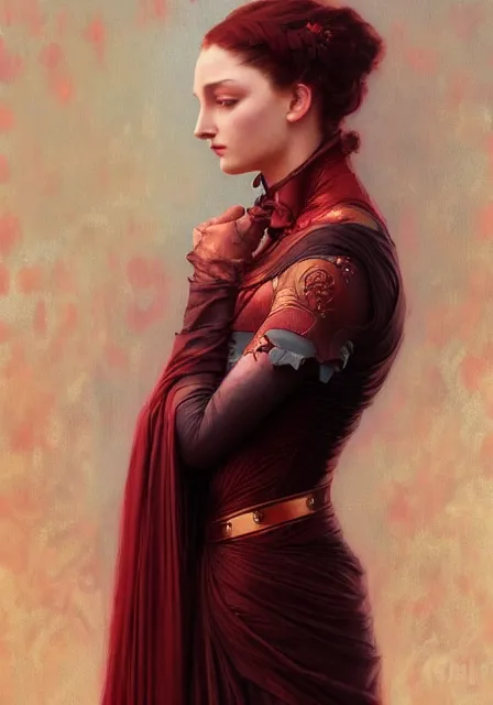 Prompt: portrait of sansa dark crimson, intricate, elegant, highly detailed, digital painting, artstation, concept art, smooth, sharp focus, illustration, art by artgerm and greg rutkowski and alphonse mucha and william - adolphe bouguereau