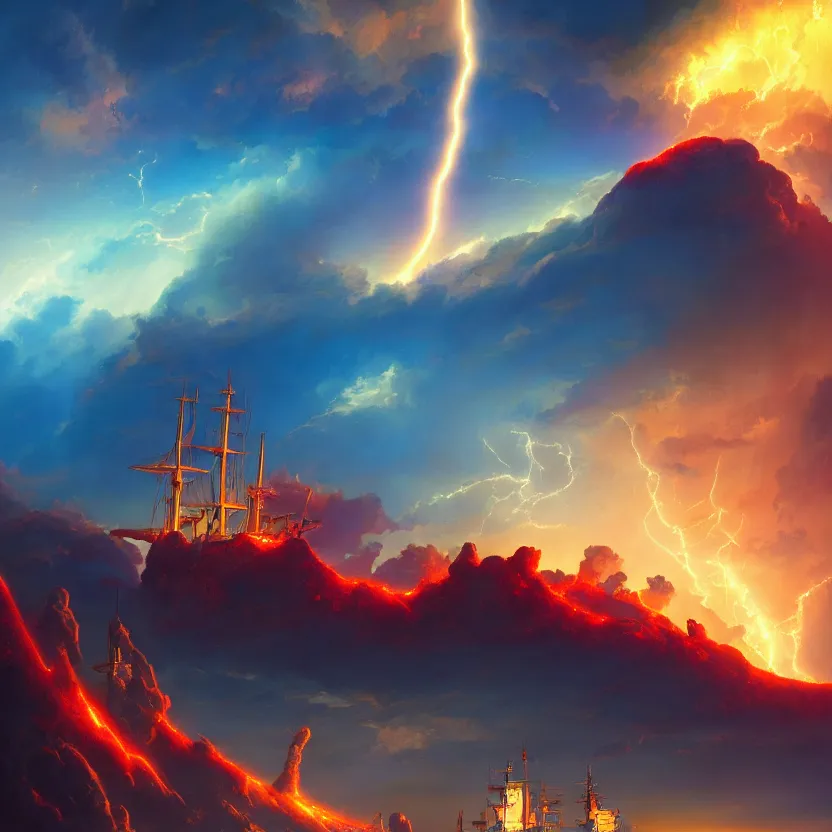 Image similar to treasure planet, clouds, pirate ship!, lava, lightning, beautiful lighting, vivid colors, intricate, elegant, smooth, sharp focus, highly detailed digital painting, concept art, cinematic, unreal engine, 4 k wallpaper, art by syd mead, terada katsuya, atey ghailan, svetlin velinov, cgsociety, artstation trending