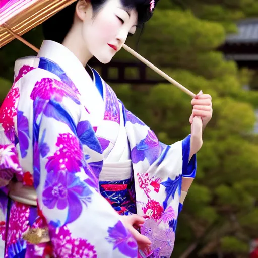 Prompt: Photo of Japanese geisha with a beautiful kimono, traditional kyoto, slim waist, large chest, flowers in hair, sunny day, high detail,