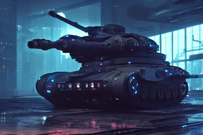 Image similar to cyberpunk alien concept inspired tank, futuristic look, highly detailed body, very powerful, photorealistic camera shot, bright studio setting, studio lighting, crisp quality and light reflections, unreal engine 5 quality render