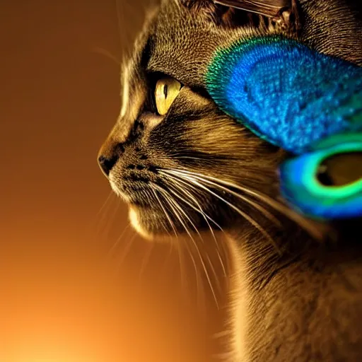 Prompt: A beautiful award winning picture of a cute cat in front of a dark background. The cat has a peacock tail and some feathers on the back. extremely detailed, stunning, high quality