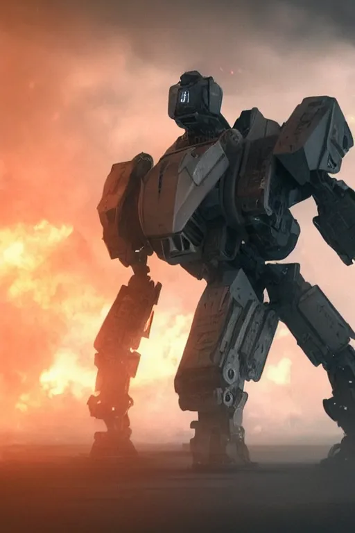 Prompt: vfx film closeup, futuristic giant powerful sci - fi war mech walking out, emerging from smoke and debris in war zone, crumbling buildings, flat color profile low - key lighting award winning photography arri alexa cinematography, hyper real photorealistic cinematic, atmospheric cool colorgrade