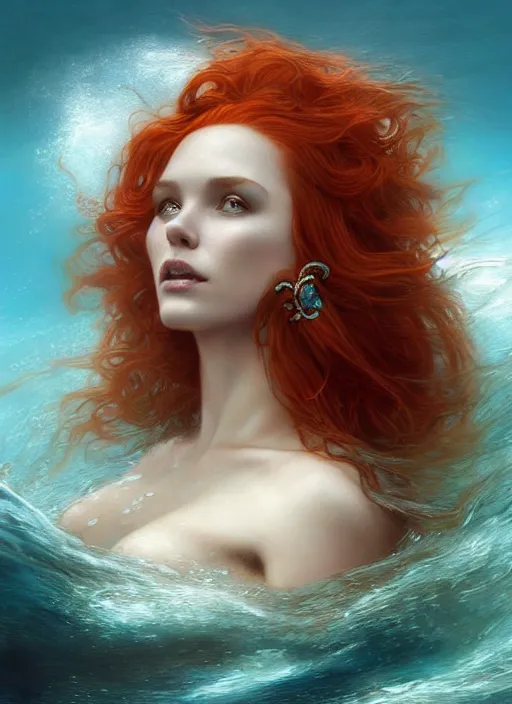 Prompt: goddess of the ocean!! portrait of a seductive redhead queen in underwater murky light, wind blown hair! fantasy esoteric, closeup, d & d, fantasy, intricate, elegant, highly detailed, digital painting, artstation, concept art, matte, sharp focus, illustration, art by artgerm and tom bagshaw and greg rutkowski and alphonse mucha