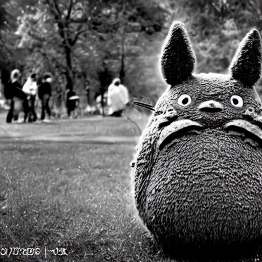 Image similar to totoro in woodstock, award winning photography, ultrarrealistic, sharp focus, black metal costumes, big crowd, concert, hdr