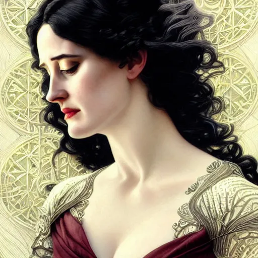 Image similar to beautiful detailed picture of eva green as yennefer, radiant light, art nouveau, intricate, elegant, highly detailed, symmetrical face, my rendition, digital painting, artstation, concept art, smooth, sharp focus, illustration, art by artgerm and greg rutkowski and alphonse mucha