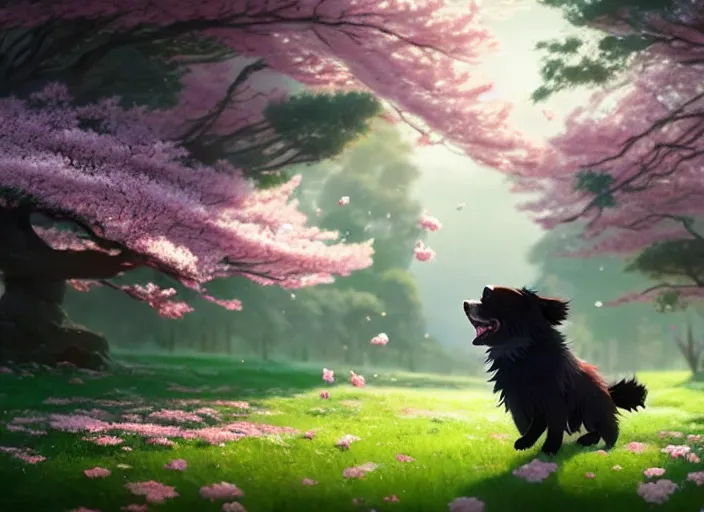 Prompt: animation key shot, black tibetan spaniel, jumping, cherry blossoms in background, studio ghibli, pixar, disney animation, sharp, by greg rutkowski, bloom, dramatic lighting