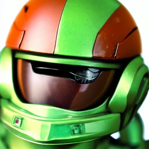 Prompt: helmet portrait of a figurine of samus aran's varia suit from the sci - fi nintendo videogame metroid. red round helmet, orange shoulder pads, green visor. shallow depth of field. suit of armor.