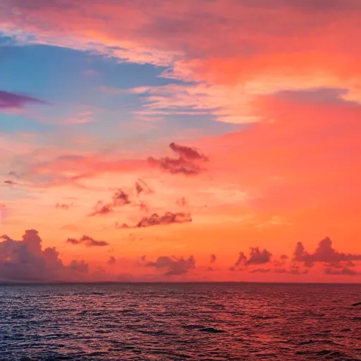 Image similar to Photo of the middle of the ocean, tiny, hilly islands made of sand, a couple of palm trees, sunset, pink clouds, dreamy, enchanting, ultrarealistic, establishing shot