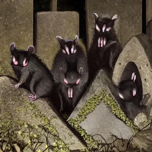 Prompt: goth vampiric scary possums in a medieval cemetery at night