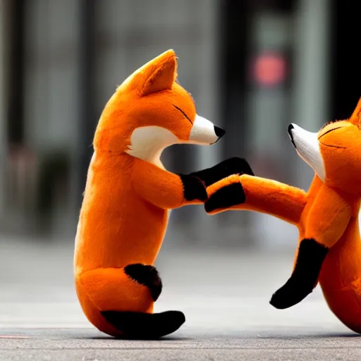 Prompt: Two fox plushies playfully wrestling on the sidewalk, dynamic, motion blur, 1/4 shutter speed, award winning photography