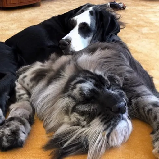 Image similar to a maine coon cat cuddling with a great dane dog