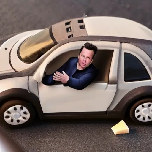 Image similar to photo of miniature Elon Musk sitting on a piece of Swiss cheese