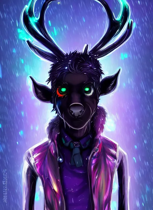 Image similar to award winning beautiful portrait commission of a male furry anthro Black Reindeer cyberpunk fursona with a tail, wings, wings, wings and a cute beautiful attractive detailed furry face wearing stylish black and rainbow galaxy clothes, outline, in a cyberpunk city at night while it rains. Character design by charlie bowater, ross tran, artgerm, and makoto shinkai, detailed, inked, western comic book art