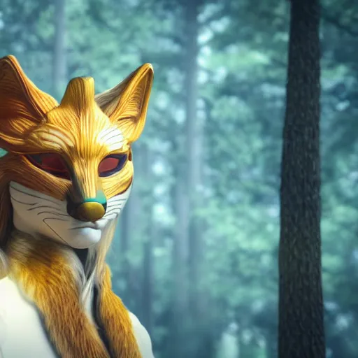 Image similar to a beautiful male holographic spirit wearing a kitsune mask made of wood of a sacred tree, detailed and intricate, cinematic, elegant, realistic, unreal engine 5, movie still