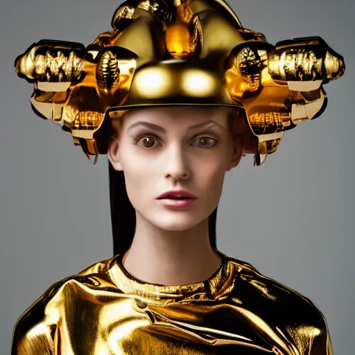 Image similar to close up of a female fashion model in year 3000 in art-deco entrance hall, model wearing a huge surreal Avant-garde helmet in gold, photography , official Versace editorial , highly detailed