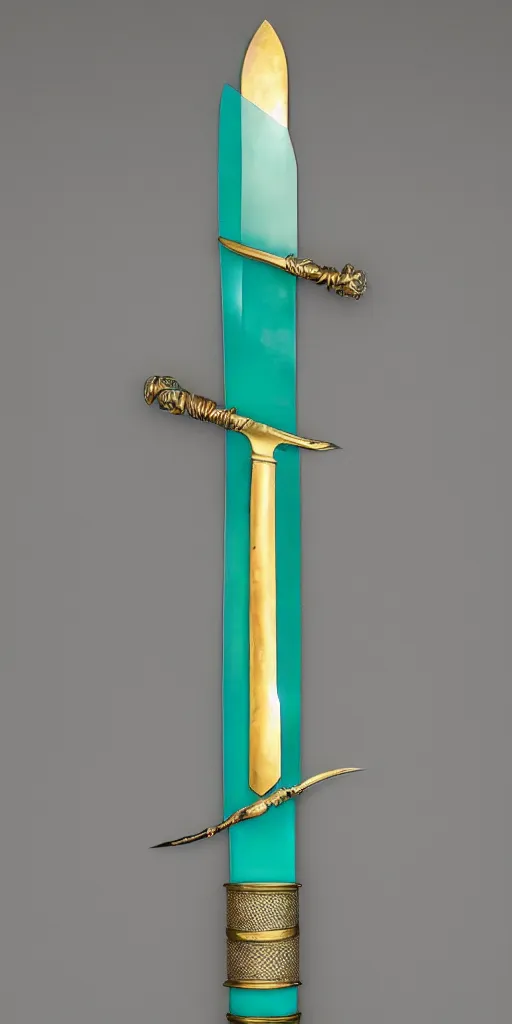 Image similar to photograph of a wide green and teal crystal sword blade attached to a big gold sword hilt
