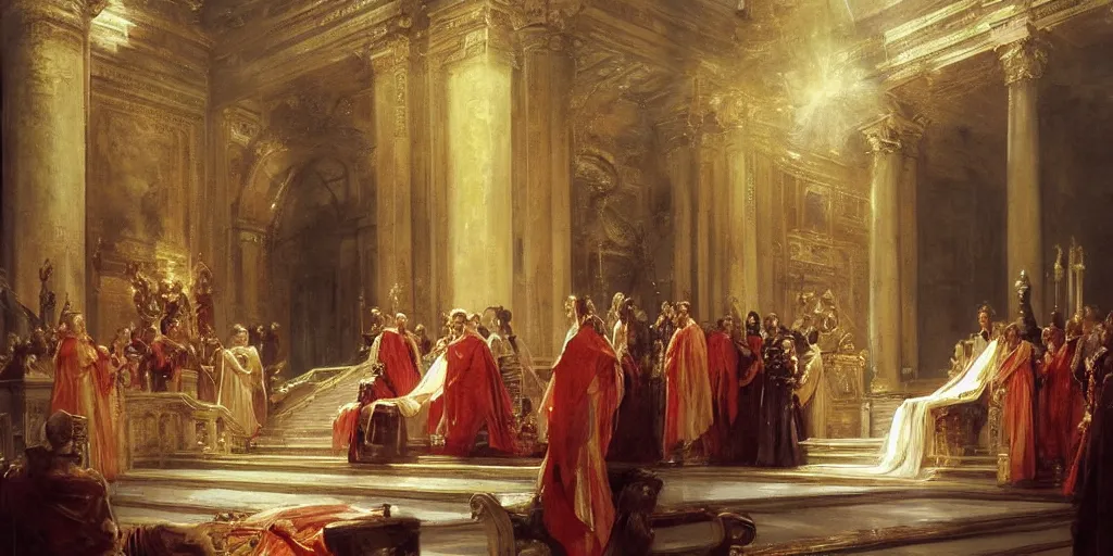 Prompt: beautiful oil painting, steve buscemi in royal crimson robes enthroned as the god emperor of ancient rome surrounded by servants in gilded halls a golden wreath upon his head, by anders zorn, wonderful masterpiece by greg rutkowski, beautiful cinematic light, american romanticism, by thomas lawrence, greg rutkowski