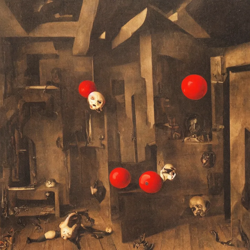 Image similar to dark, gloomy room. on the wooden floor lay red ball. volumetric lighting coming from the broken window. broken photos in frames on walls. chaotic view. creepy feeling. tiny spider hiding in the shadows. hans memling. oil painting.