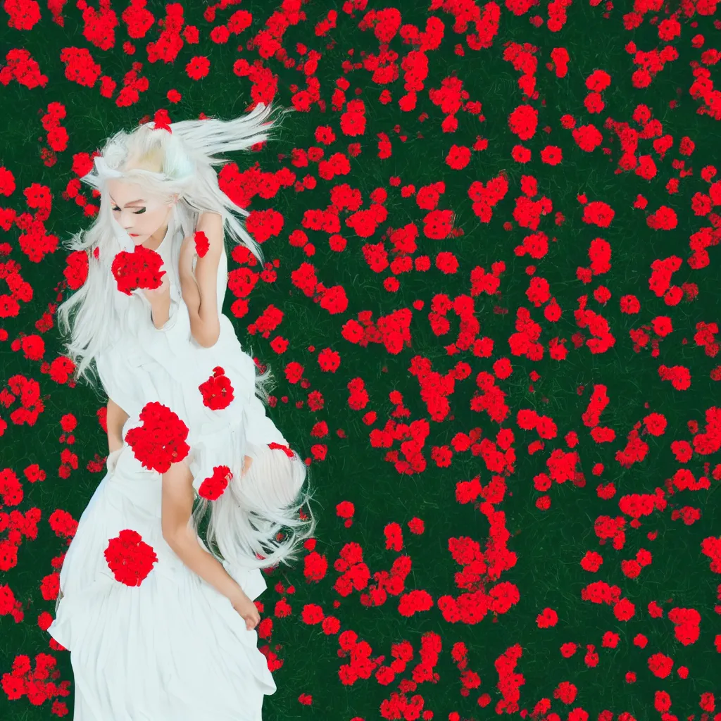 Prompt: girl with white hair in a white dress, red flowers, aesthetics, gradient