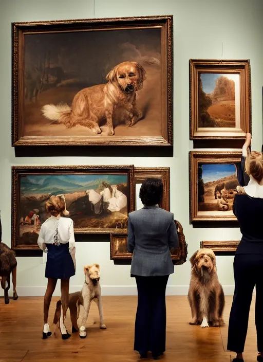 Prompt: formal dogs visiting a museum looking at paintings of humans suffering