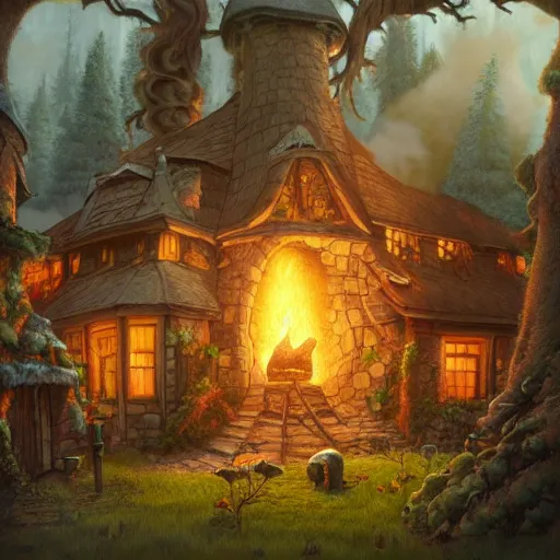 Image similar to a detailed illustration idyllic the house with smoke coming out of the chimney in the forest scene by Justin Gerard, trending on artstation, cgsociety, deviantart